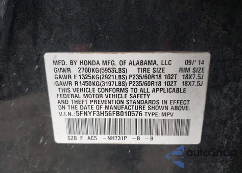 2015 Honda Pilot Ex-L from USA, damaged, VIN 5FNYF3H56FB010576